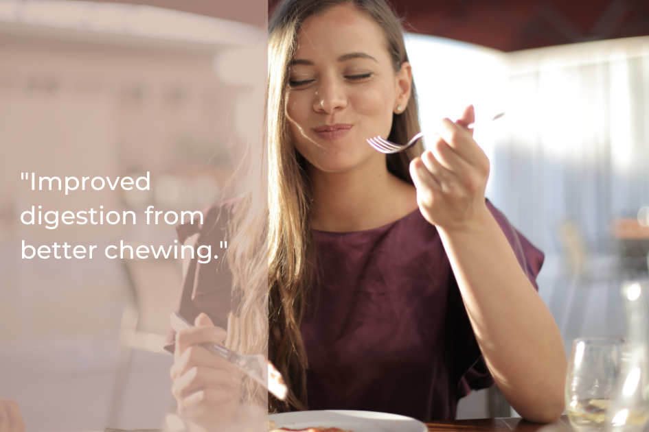 A woman in a purple shirt sits at a table eating food with a fork, eyes closed and smiling, with text beside her reading, "Improved digestion from better chewing.