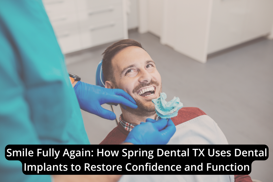 A dentist shows a dental mold to a smiling male patient in a clinic. The text overlay discusses dental implants restoring confidence and function.