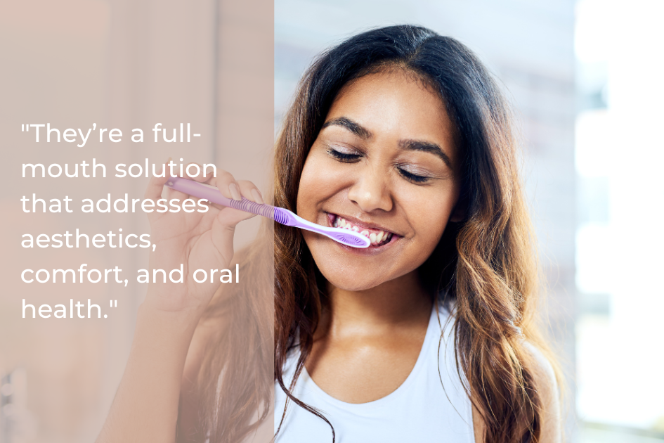A woman smiles while brushing her teeth with a purple toothbrush; a quote about oral health appears on the left side of the image.