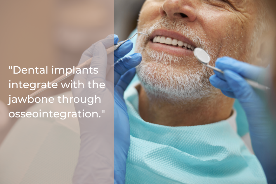 A dentist examines the teeth of an older man using dental tools while the patient smiles, accompanied by a text about dental implant integration.