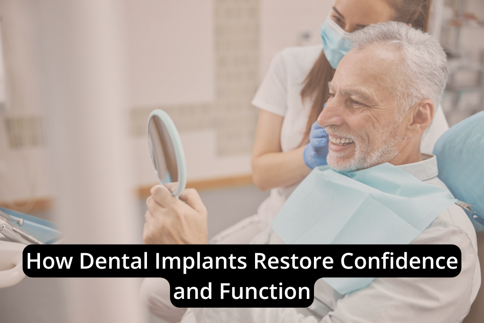 An older man sits in a dental chair, smiling at his reflection in a handheld mirror, while a dental professional stands beside him.