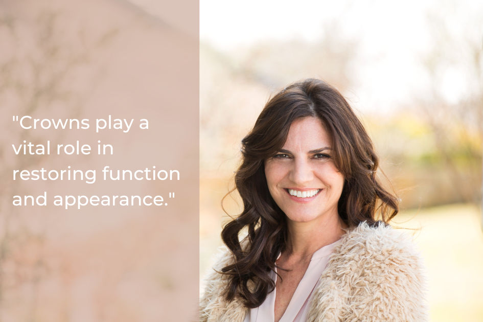 Smiling woman standing outdoors, wearing a light fur jacket, next to a quote about the importance of dental crowns in restoring function and appearance.