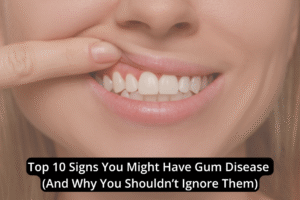 A close-up of a person pulling back their upper lip to show their gums and teeth, with text about signs and risks of gum disease overlayed at the bottom of the image.
