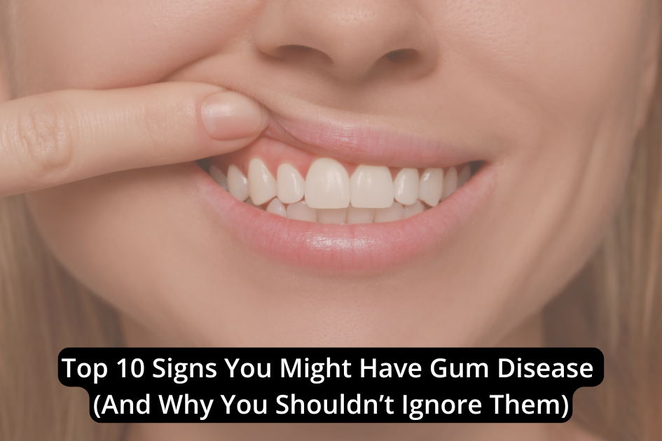 A close-up of a person pulling back their upper lip to show their gums and teeth, with text about signs and risks of gum disease overlayed at the bottom of the image.