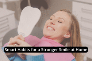 A woman in a dental clinic chair smiles at herself in a handheld mirror, with text overlay reading, “Smart Habits for a Stronger Smile at Home.”.