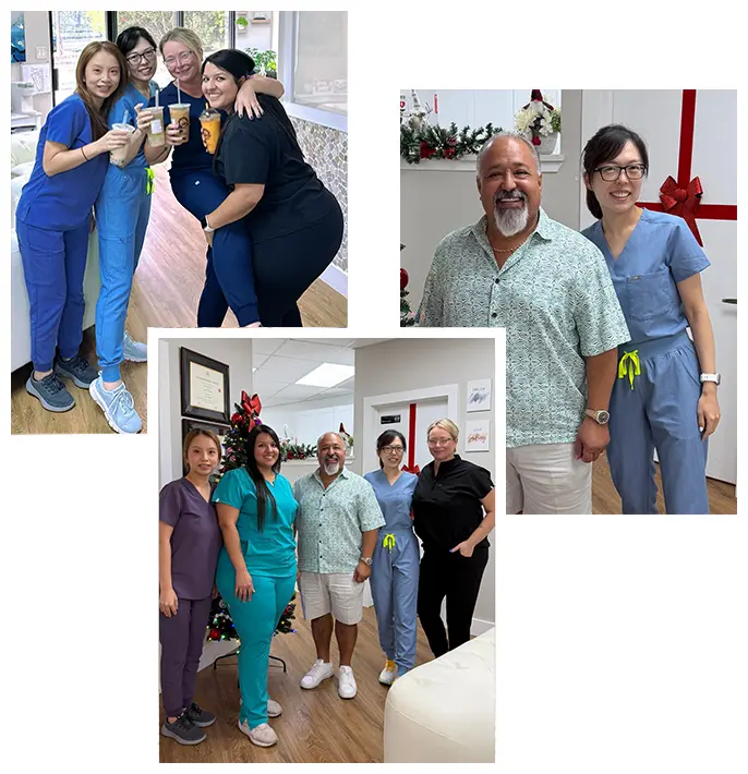 Three photos of a Round Rock dentist office team: staff in scrubs posing together, two people standing by holiday decorations, and a group of four with a man in the center.