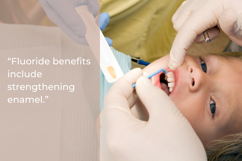 A child receives a fluoride treatment at the dentist while a quote about the benefits of fluoride and strengthening enamel is displayed on the left side of the image.
